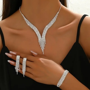 Women’s Jewelry Bridal Set: 1 Tassel Necklace + 1 Pair of Earrings + 1 Bracelet Set