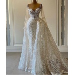 Ivory Pearl Beaded Mermaid Wedding Dress with Detachable Train, Long Sleeves Bridal Gown