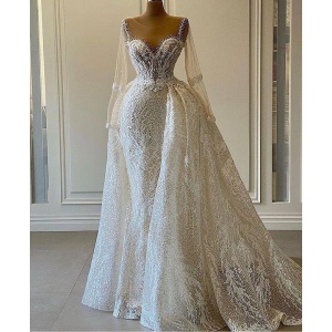 Ivory Pearl Beaded Mermaid Wedding Dress with Detachable Train, Long Sleeves Bridal Gown