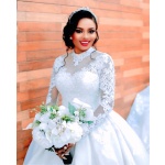 Luxury Long-Sleeve Lace Ball Gown Wedding Dress with Illusion Neckline for Rent