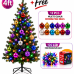 4ft Premium Green Christmas Tree with 12Pcs Multicolour Balls & 100 LED Lights