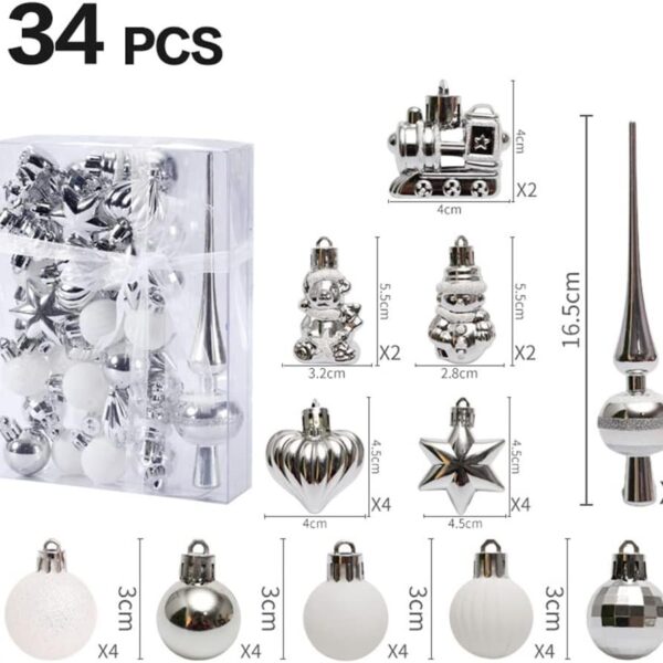 34Pcs Christmas Tree Baubles Shatterproof Ornaments - Silver/White