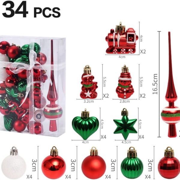 34Pcs Christmas Tree Baubles Shatterproof Ornaments - Red Green