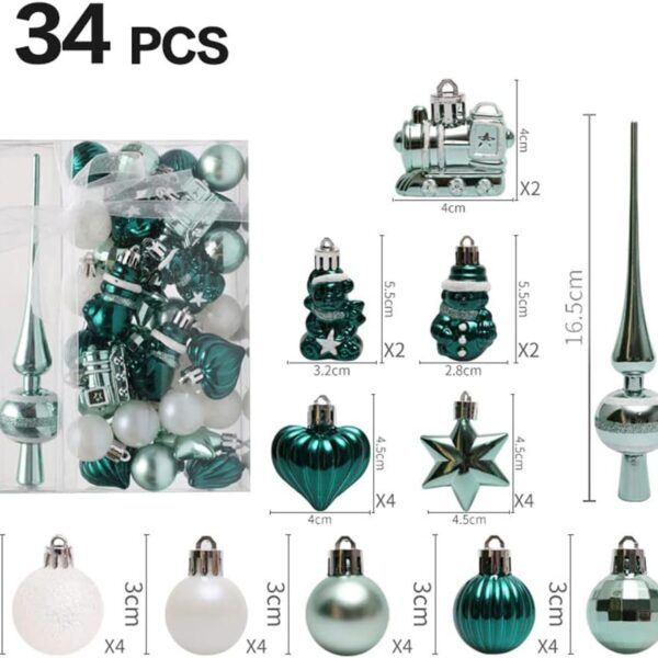 34Pcs Christmas Tree Baubles Shatterproof Ornaments - Green/White