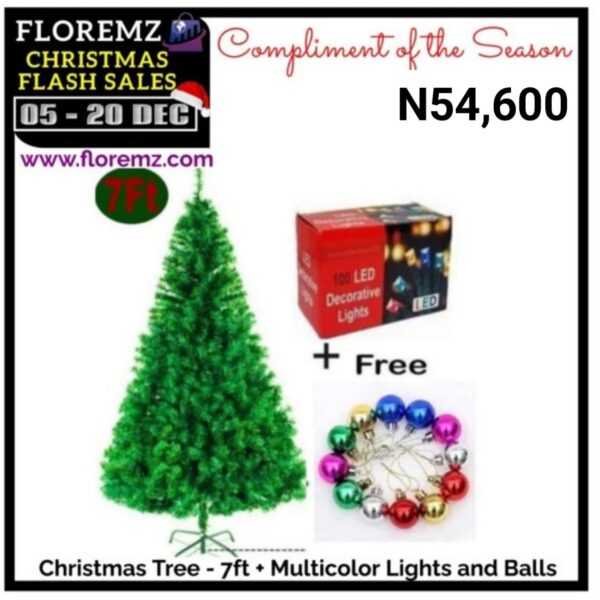 7ft Xmas Tree + Free Colour Led Lights + Balls For Decoration