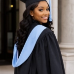 Black Graduation Gown with Sky Blue Hood and Cap – Production for Sale