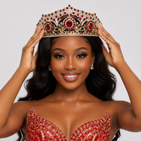 Luxury Royal Queen Crown with Ruby Red Crystal Stones